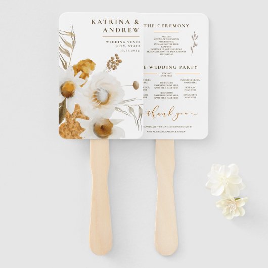 Éventail Aquarelle de moutarde Programme de mariage floral  (Devant et derrière)