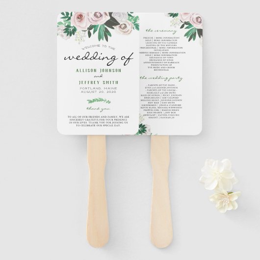 Éventail Aquarelle Floral Blanc Green Wedding Programme (Devant et derrière)