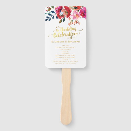 Éventail Aquarelle florale Programme de mariage d'or blanc (Devant)