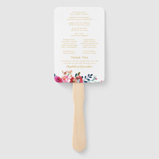 Éventail Aquarelle florale Programme de mariage d'or blanc (Dos)