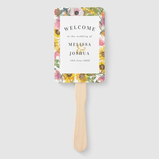 Éventail Aquarelle jaune et rose Programme de mariage flora (Devant)