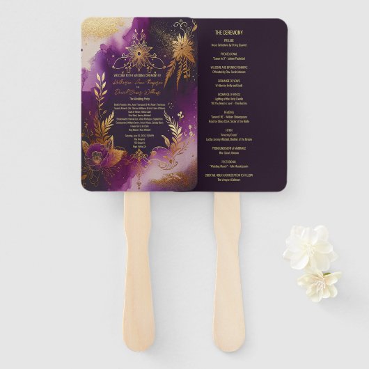 Éventail Aquarelle Purple et Gold Floral Wedding Program (Devant et derrière)