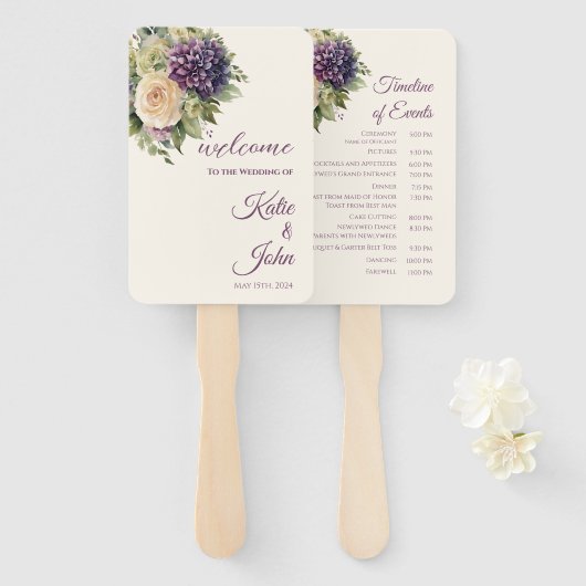 Éventail Aquarelle Purple Fleur Bouquet-Mariage Programme- (Devant et derrière)