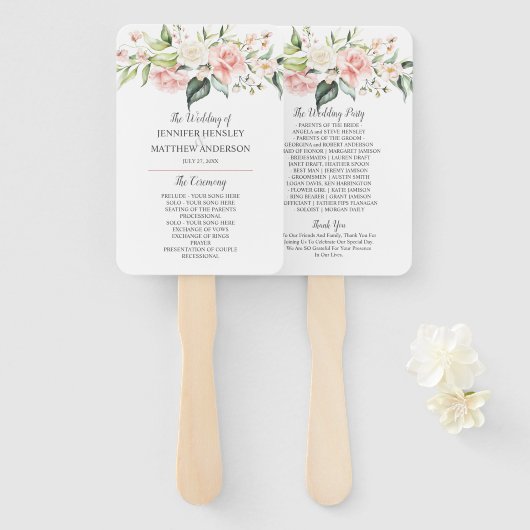 Éventail Aquarelle rose Roses blanches Eucalyptus Vert (Devant et derrière)