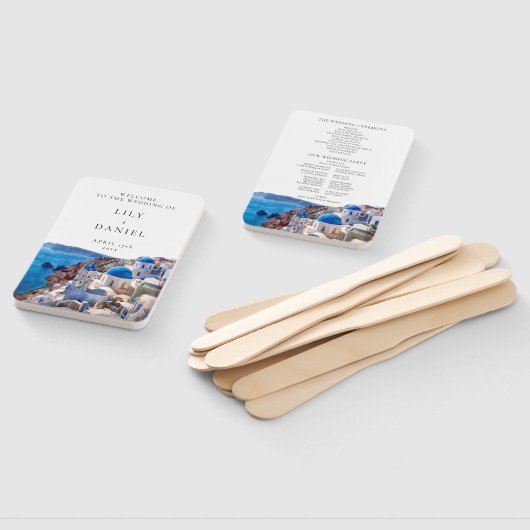 Éventail Aquarelle Santorini Grèce Programme de mariage (Non-assemblé)