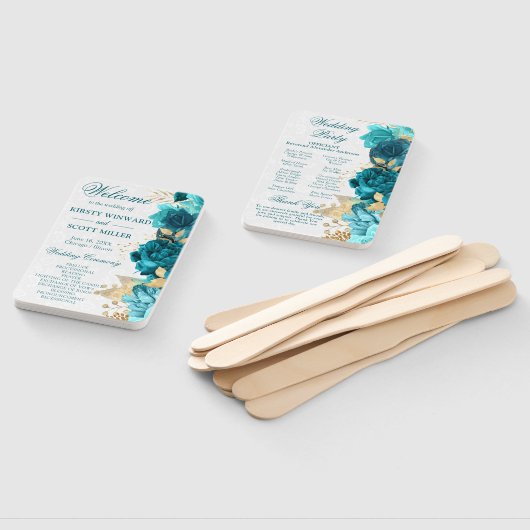 Éventail Aquarelle Turquoise et Mariage de fleurs d'or (Non-assemblé)