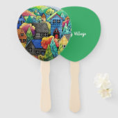 Éventail Aquarelle Village Sur La Colline Avec Maisons Colo (Devant et derrière)