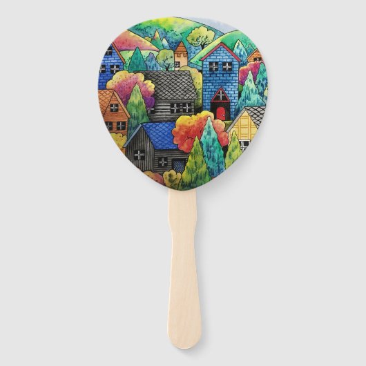 Éventail Aquarelle Village Sur La Colline Avec Maisons Colo (Devant)