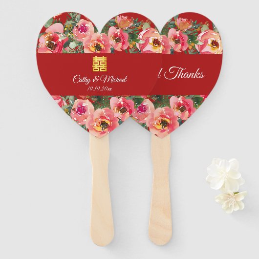 Éventail Arrière - plan rose double bonheur symbole (Devant et derrière)