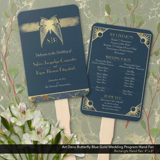 Éventail Art Déco Butterfly Blue Gold Wedding Programme