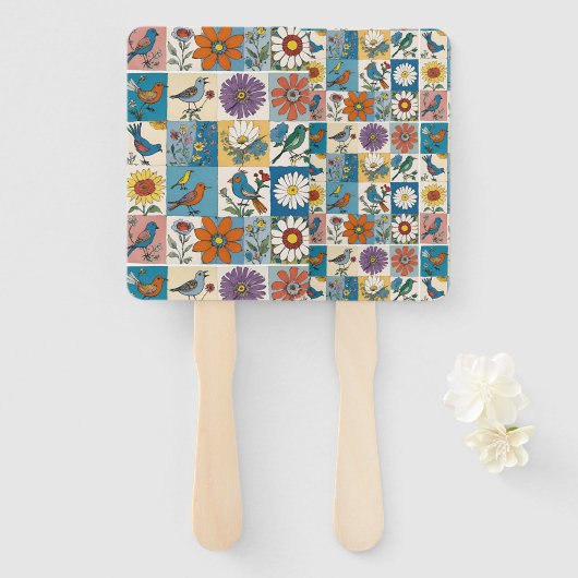 Éventail Art populaire hippie floral patchwork avec oiseaux (Devant et derrière)
