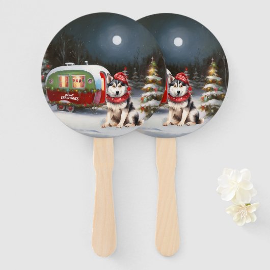 Éventail Aventure de Noël de la caravane de Husky sibérien (Devant et derrière)