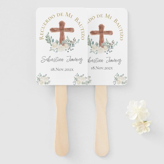 Éventail Baptême floral blanc (Devant et derrière)