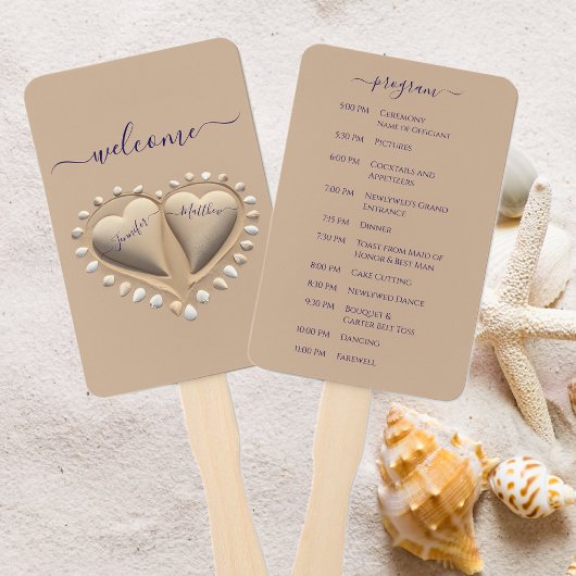 Éventail Beach Wedding Sand Hearts Programme de mariage