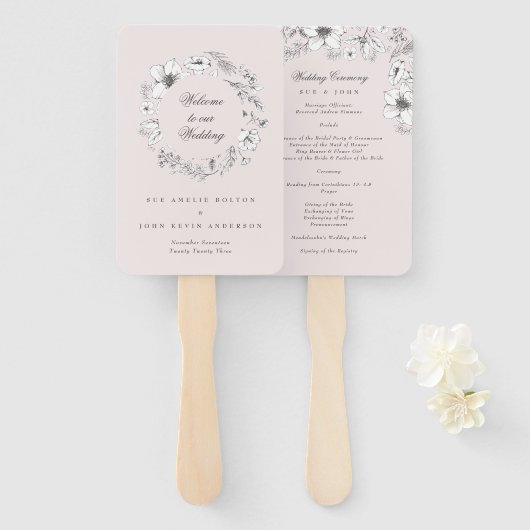 Éventail Beau Blush Floral Sketched Wedding Programme (Devant et derrière)