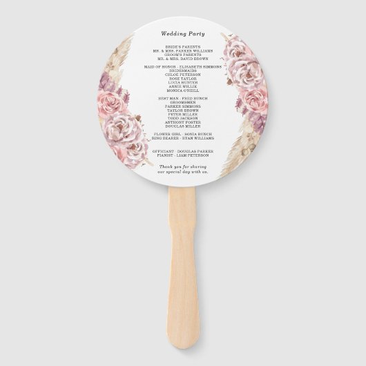 Éventail Beau Pampas séché Grass Roses mariage programme (Dos)