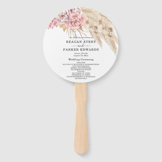 Éventail Beau Pampas séché Grass Roses mariage programme (Devant)