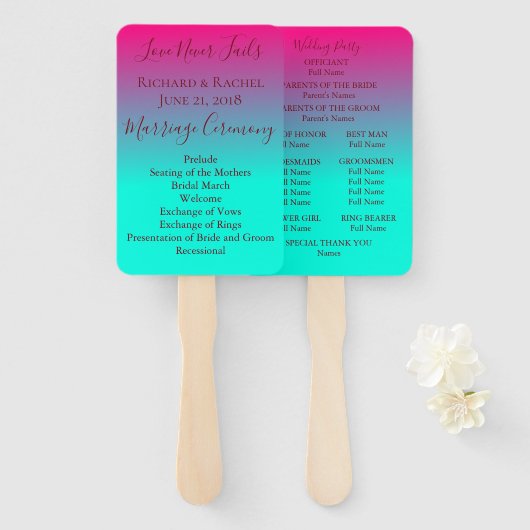 Éventail Beau programme de mariage rose et bleu ombre (Devant et derrière)