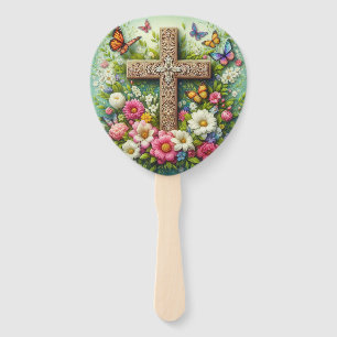 Éventail Belle croix florale de Pâques avec papillons