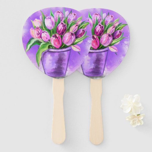 Éventail Belles Tulipes Violettes En Pot De Fleur Violet (Devant et derrière)