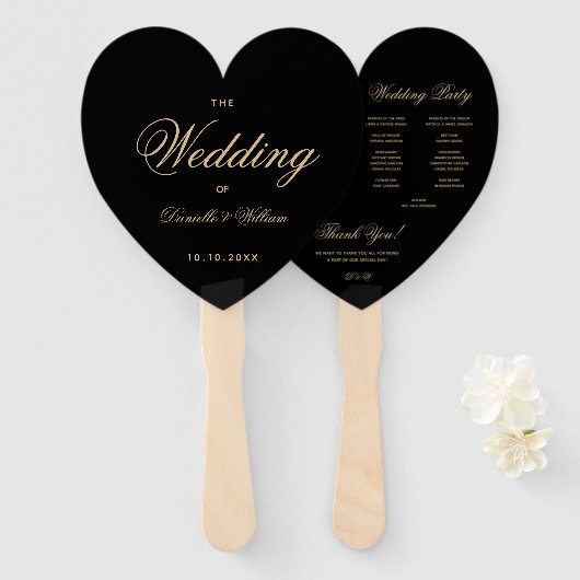 Éventail Black Gold Élégant Script Programme de mariage car (Devant et derrière)