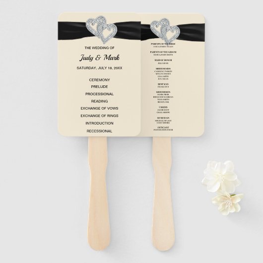 Éventail Black Ribbon Diamond Hearts Programme de mariage F (Devant et derrière)