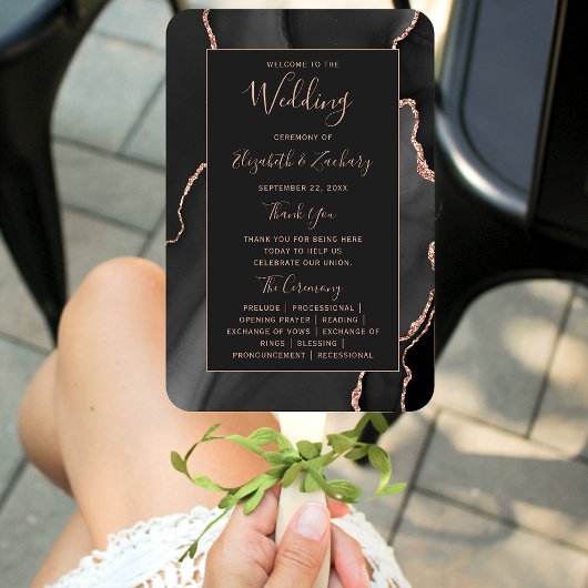 Éventail Black Rose Gold Agate Dark Wedding Programme