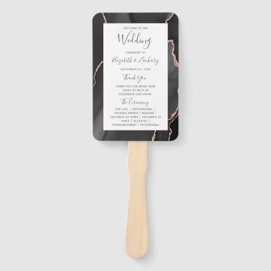 Éventail Black Rose Gold Agate Programme de mariage (Devant)
