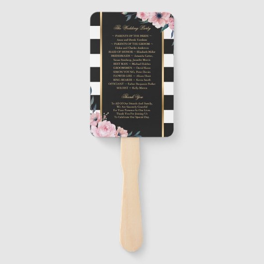 Éventail Black Stripes Pink Floral Wedding Programme (Dos)