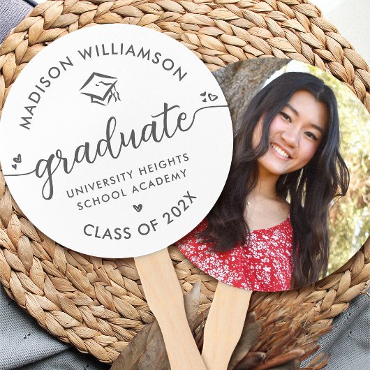 Éventail Blanc 1 Photo Graduation Gris Script Coeurs Casque