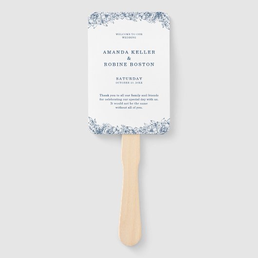 Éventail Bleu Blanc Fleur Élégant Mariage (Devant)