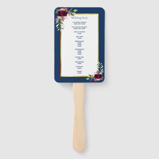 Éventail bleu marine mariage florales bordeaux (Dos)