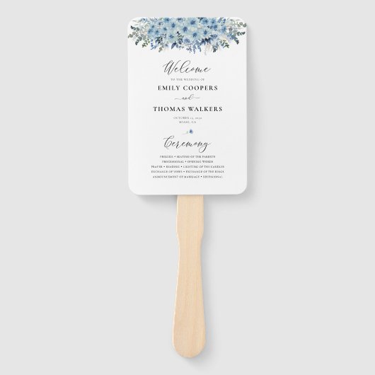 Éventail Blue Boho Floral Wedding Programme (Devant)