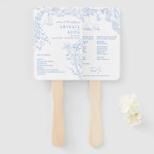 Éventail Blue Chinoiserie Toile de Jouy Programme de mariag (Devant et derrière)