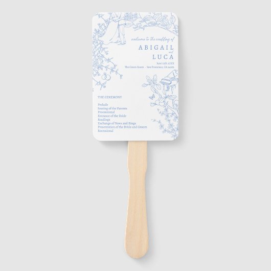 Éventail Blue Chinoiserie Toile de Jouy Programme de mariag (Devant)