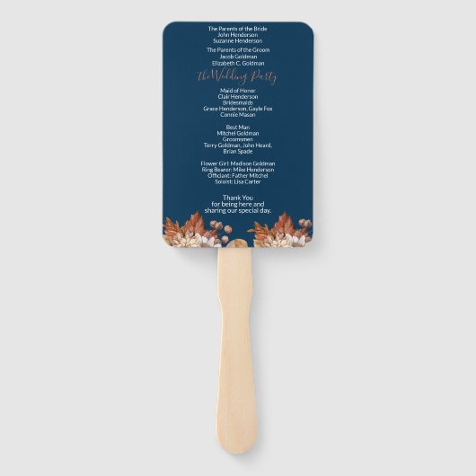 Éventail Blue Fall Floral Bouquet Programme de mariage Vent (Dos)