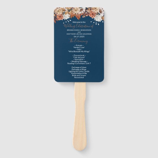 Éventail Blue Fall Floral Bouquet Programme de mariage Vent (Devant)