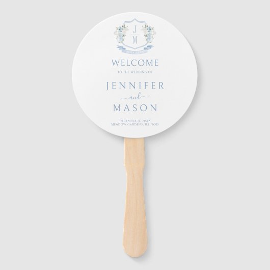 Éventail Blue Floral Crest Monogramme Programme de mariage (Devant)