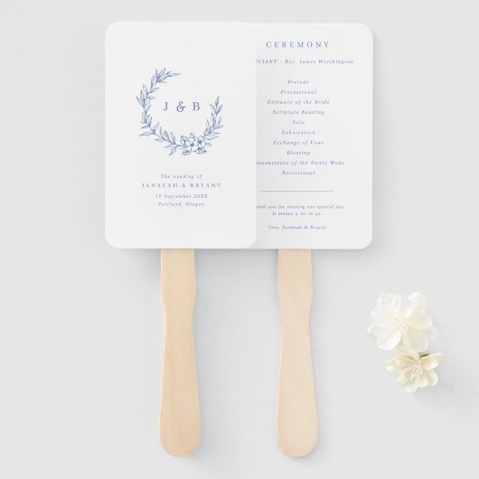 Éventail Blue Floral Wreath Monogramme Programme de mariage (Devant et derrière)