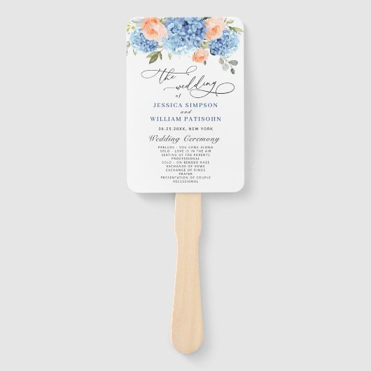 Éventail Blue Hydrangea Rose Roses Mariage programme de cér (Devant)