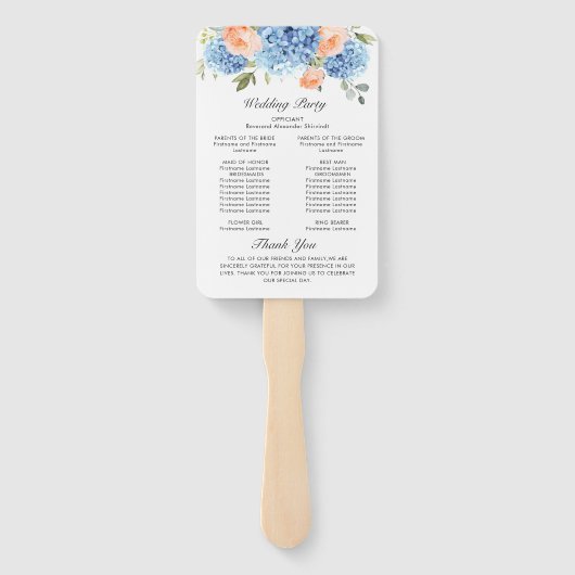 Éventail Blue Hydrangea Rose Roses Mariage programme de cér (Dos)