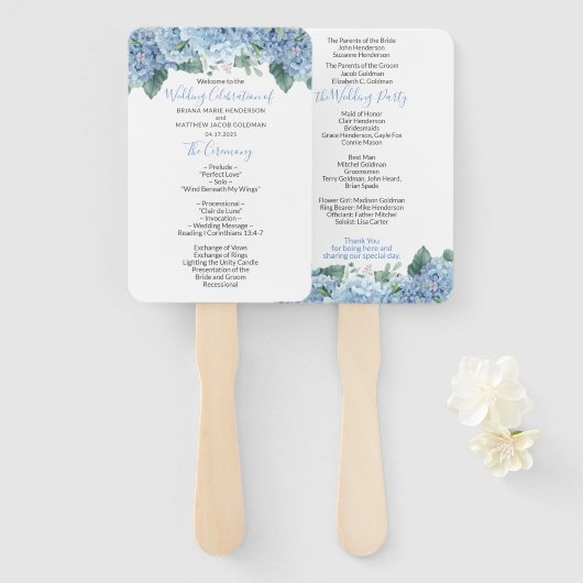 Éventail Blue Hydrangeas Floral Wedding Programme Ventilate (Devant et derrière)