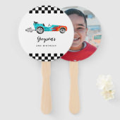 Éventail Blue Race Car Boy Anniversaire Photo (Devant et derrière)