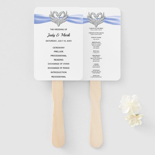 Éventail Blue Ribbon Silver Swan Programme de mariage Fans (Devant et derrière)