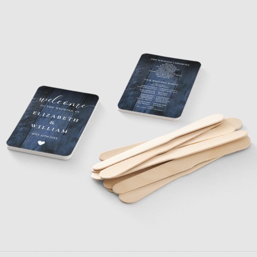 Éventail Blue Rustic Grange Wood Boho Programme de mariage (Non-assemblé)