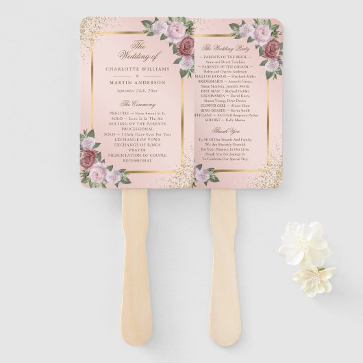 Éventail Blush Pink Gold Confetti Programme de mariage flor (Devant et derrière)