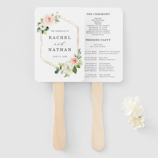 Éventail Blush White Bloom Gold Frame Wedding Programme (Devant et derrière)