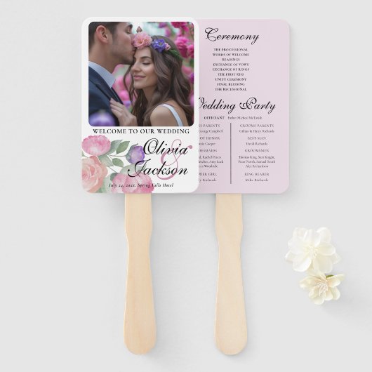 Éventail Boho Blush Floral Wedding Program Hand Fan (Devant et derrière)