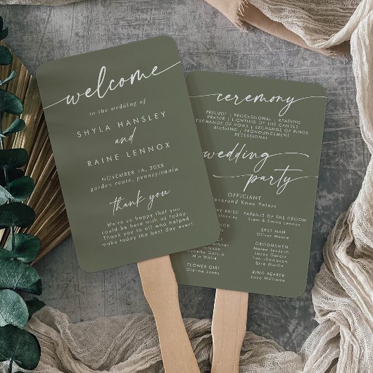 Éventail Boho Chic Olive Green Wedding Programme
