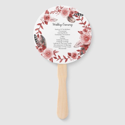 Éventail Boho Feather Bourgogne Rose Wreath Wedding Program (Dos)